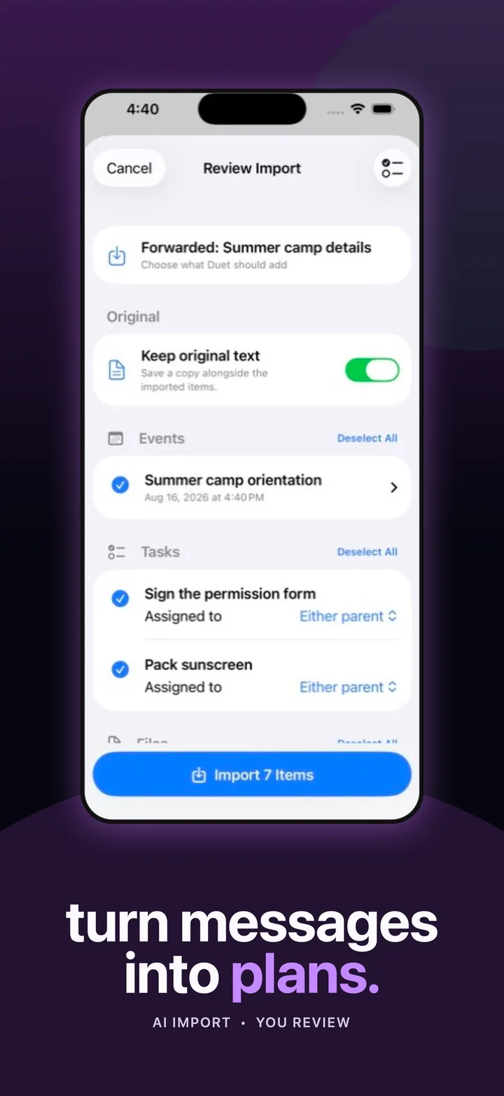 Duet import review showing an original camp email, suggested event, and concrete tasks