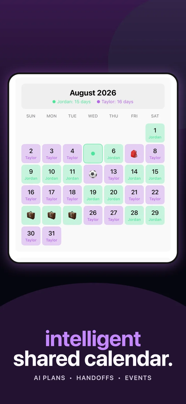 Duet parenting calendar with mint and purple assigned days and family events