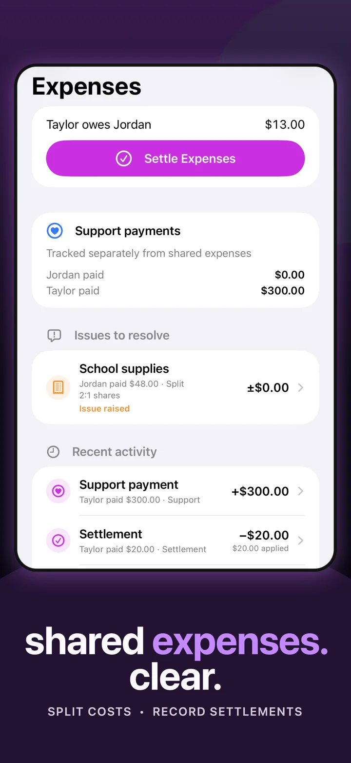 Duet shared expenses with a shared balance and separate support payment activity
