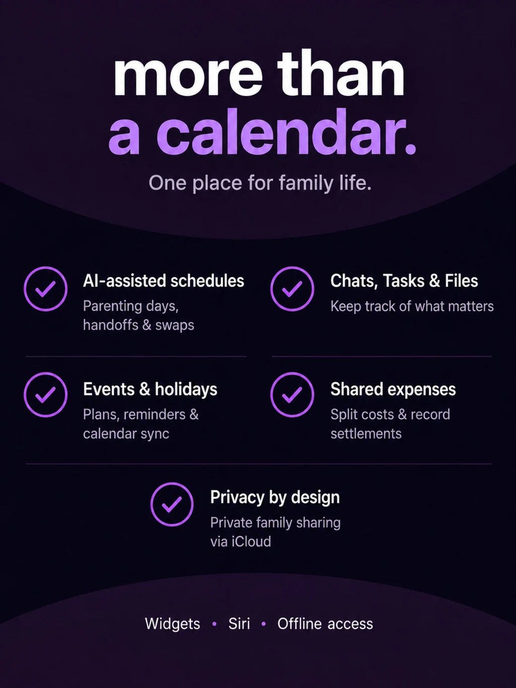 Duet feature overview: AI-assisted schedules, chats, tasks and files, events and holidays, shared expenses, private iCloud sharing, widgets, Siri, and offline access
