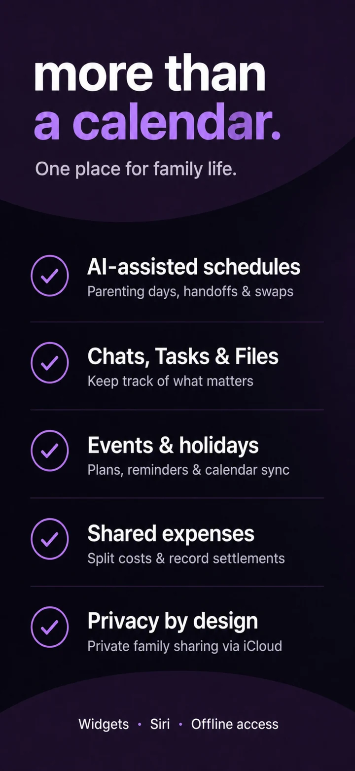 More than a calendar: AI-assisted schedules, chats, tasks and files, events and holidays, shared expenses, and private iCloud family sharing