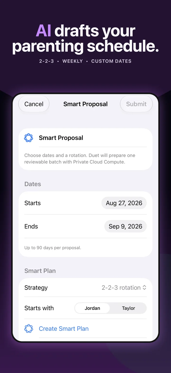 Smart Proposal composer with a 2-2-3 parenting schedule and a reviewable date range