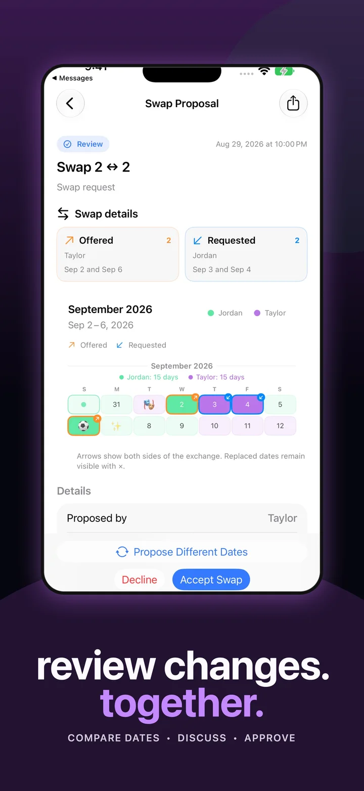Duet Swap Request with offered and requested dates and accept, decline, or propose different dates controls