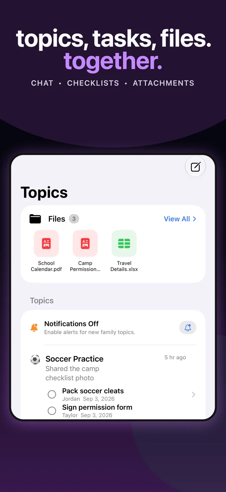 Duet Topics with school files, a soccer conversation, and assigned checklist tasks