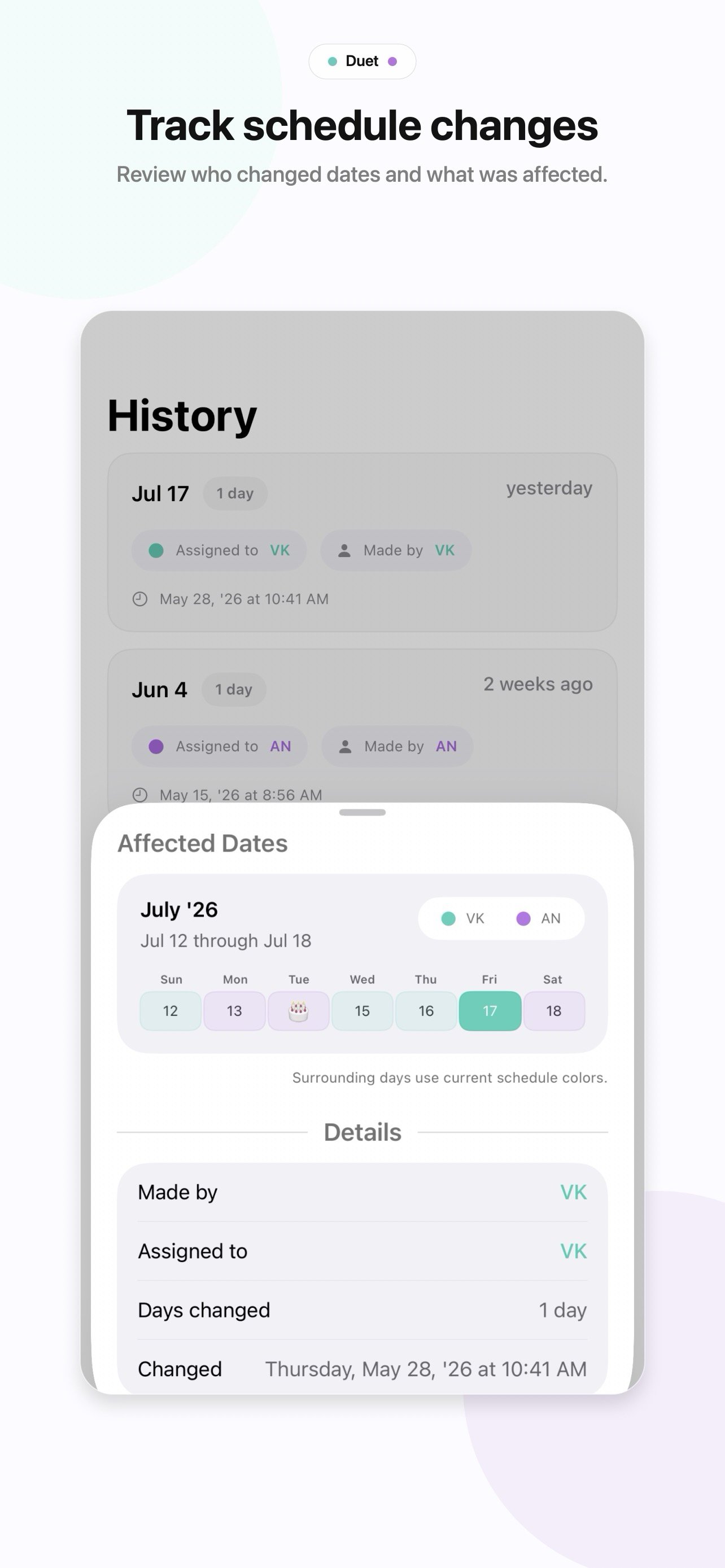 Duet schedule change history details