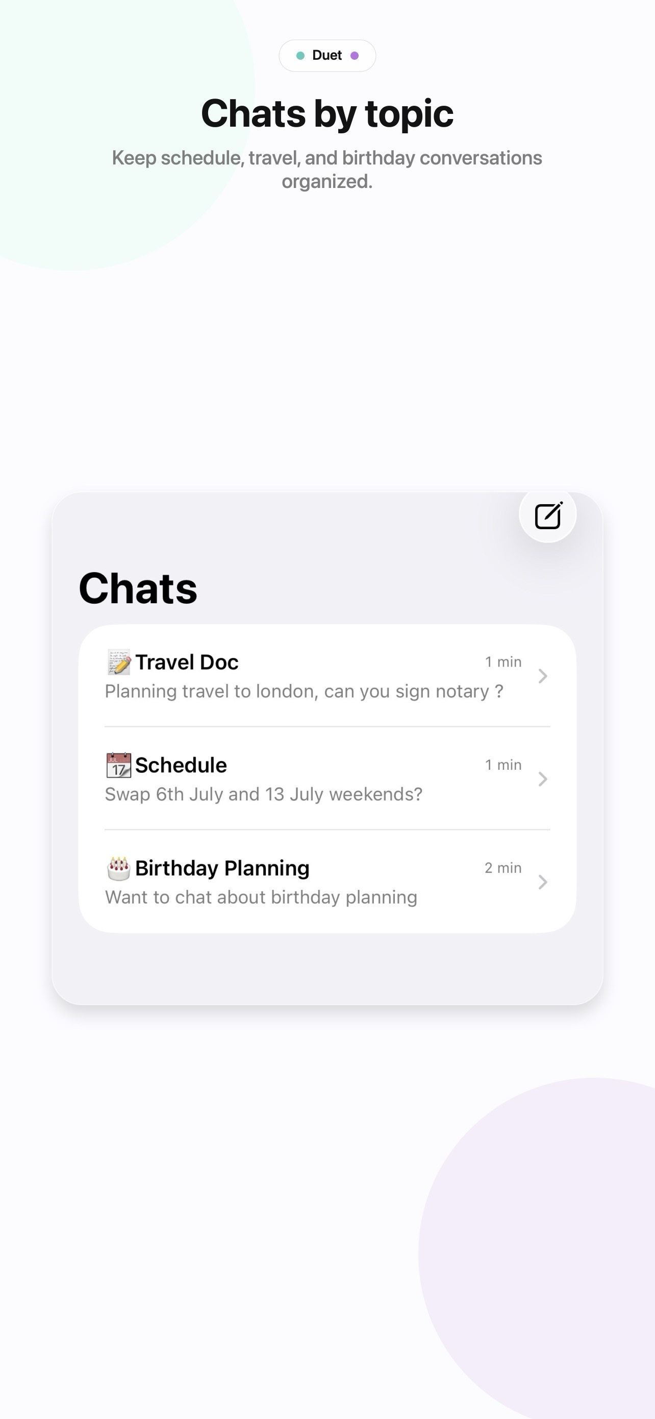 Duet chats organized by co-parenting topic