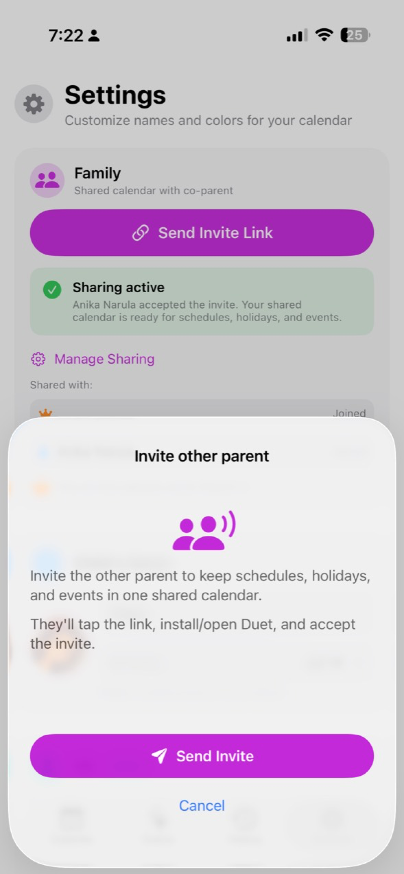 Duet invite sheet for sharing a co-parent calendar