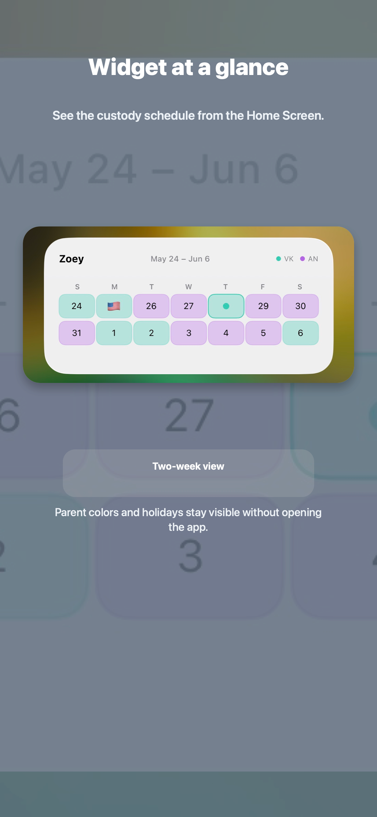 Duet Home Screen widget showing a custody schedule